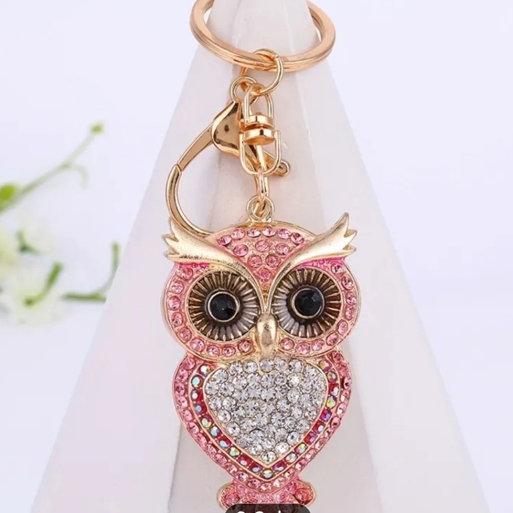 🆕️🦉 PINK RHINESTONE OWL PURSE CHARM / KEYCHAIN 🦉